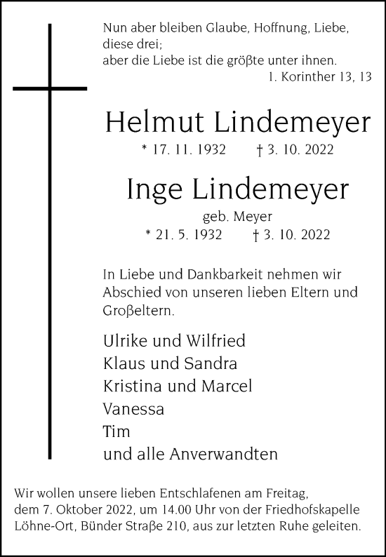 Traueranzeige von Helmut und Inge Lindemeyer von Westfalen-Blatt