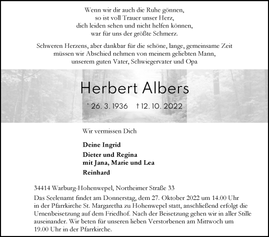 Traueranzeige von Herbert Albers von Westfalen-Blatt
