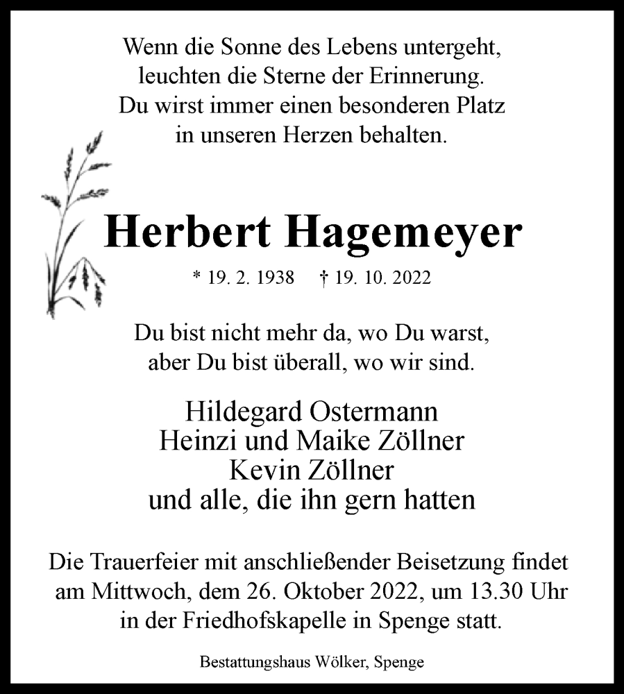  Traueranzeige für Herbert Hagemeyer vom 22.10.2022 aus Westfalen-Blatt