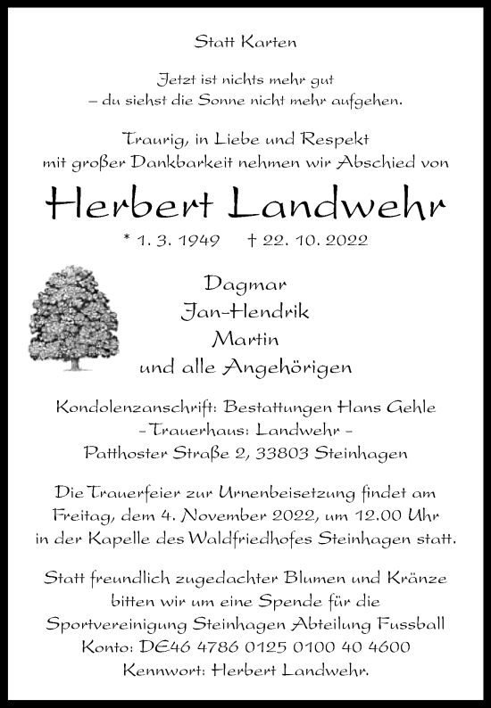 Traueranzeige von Herbert Landwehr von Westfalen-Blatt