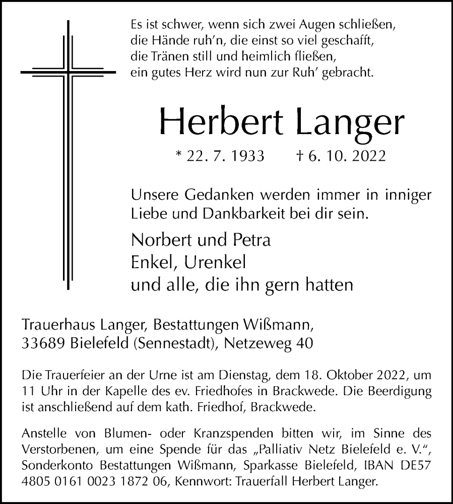  Traueranzeige für Herbert Langer vom 12.10.2022 aus Westfalen-Blatt