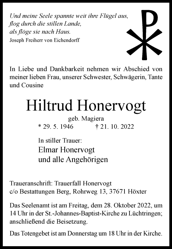 Traueranzeige von Hiltrud Honervogt von Westfalen-Blatt
