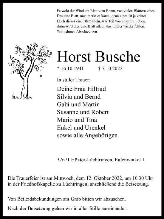Traueranzeige von Horst Busche von Westfalen-Blatt