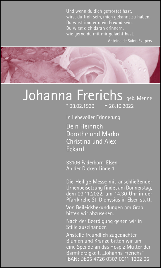 Traueranzeige von Johanna Frerichs von Westfalen-Blatt