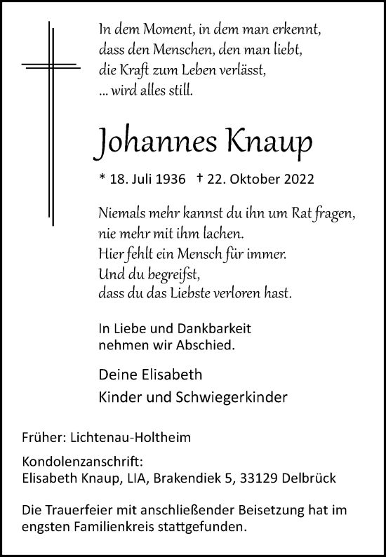 Traueranzeige von Johannes Knaup von Westfalen-Blatt