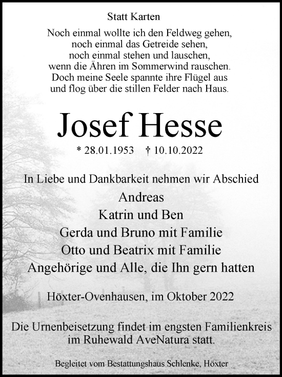 Traueranzeige von Josef Hesse von Westfalen-Blatt