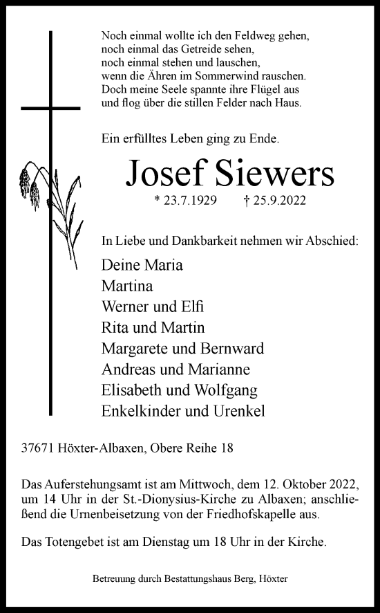 Traueranzeige von Josef Siewers von Westfalen-Blatt