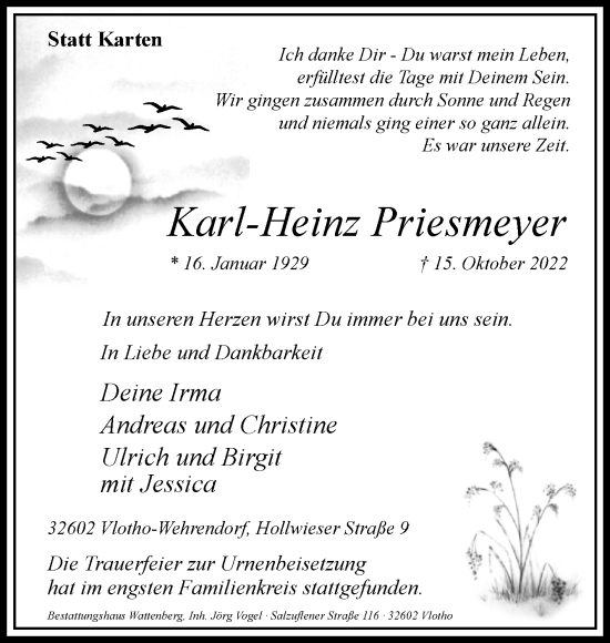 Traueranzeige von Karl-Heinz Priesmeyer von Westfalen-Blatt