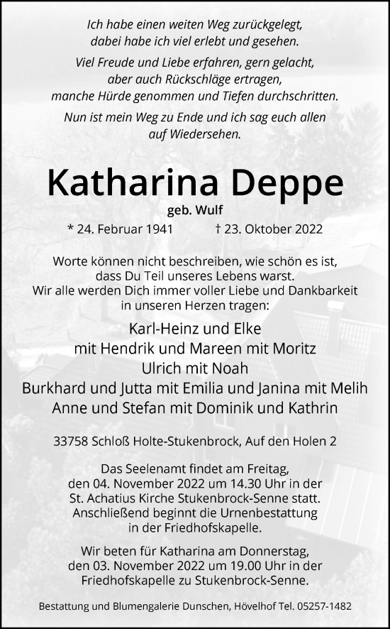 Traueranzeige von Katharina Deppe von Westfalen-Blatt