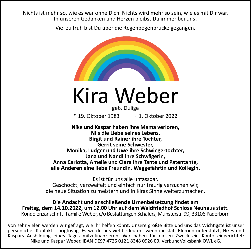  Traueranzeige für Kira Weber vom 08.10.2022 aus Westfalen-Blatt