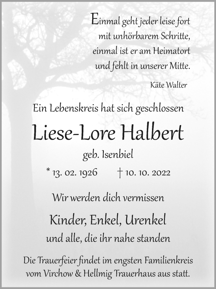  Traueranzeige für Liese-Lore Halbert vom 15.10.2022 aus Westfalen-Blatt