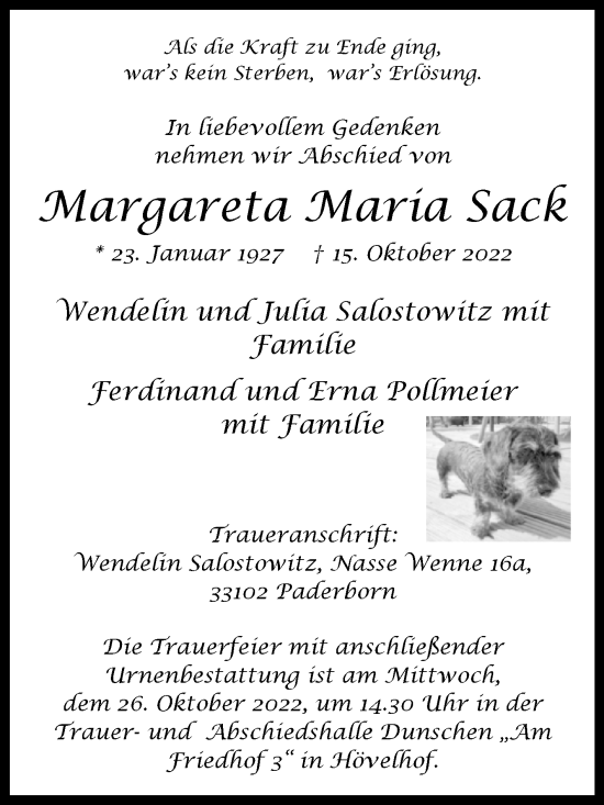 Traueranzeige von Margareta MAria Sack von Westfalen-Blatt