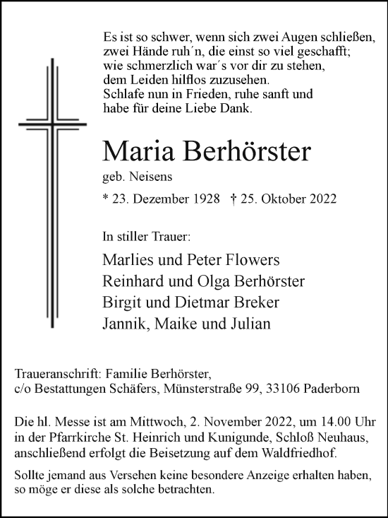 Traueranzeige von Maria Berhörster von Westfalen-Blatt