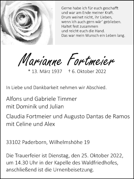 Traueranzeige von Marianne Fortmeier von Westfalen-Blatt