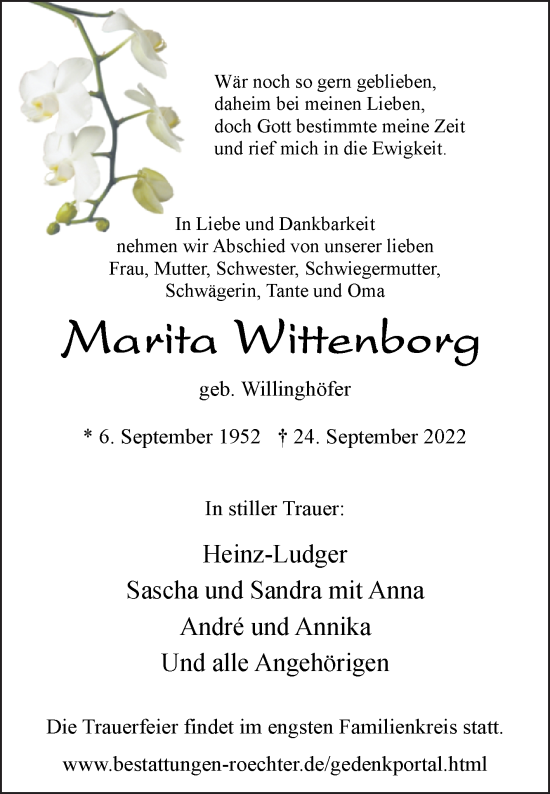 Traueranzeige von Marita Wittenborg von Westfalen-Blatt