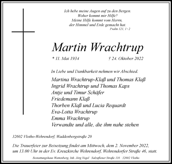 Traueranzeige von Martin Wrachtrup von Westfalen-Blatt