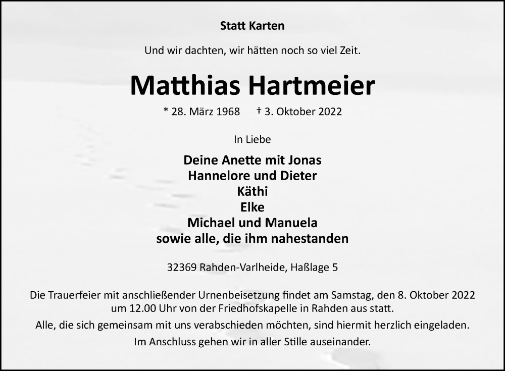  Traueranzeige für Matthias Hartmeier vom 05.10.2022 aus Westfalen-Blatt