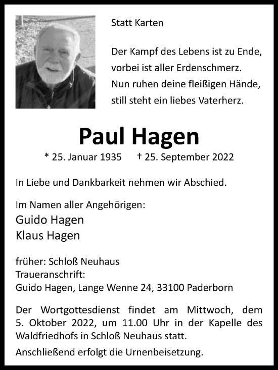 Traueranzeige von Paul Hagen von Westfalen-Blatt