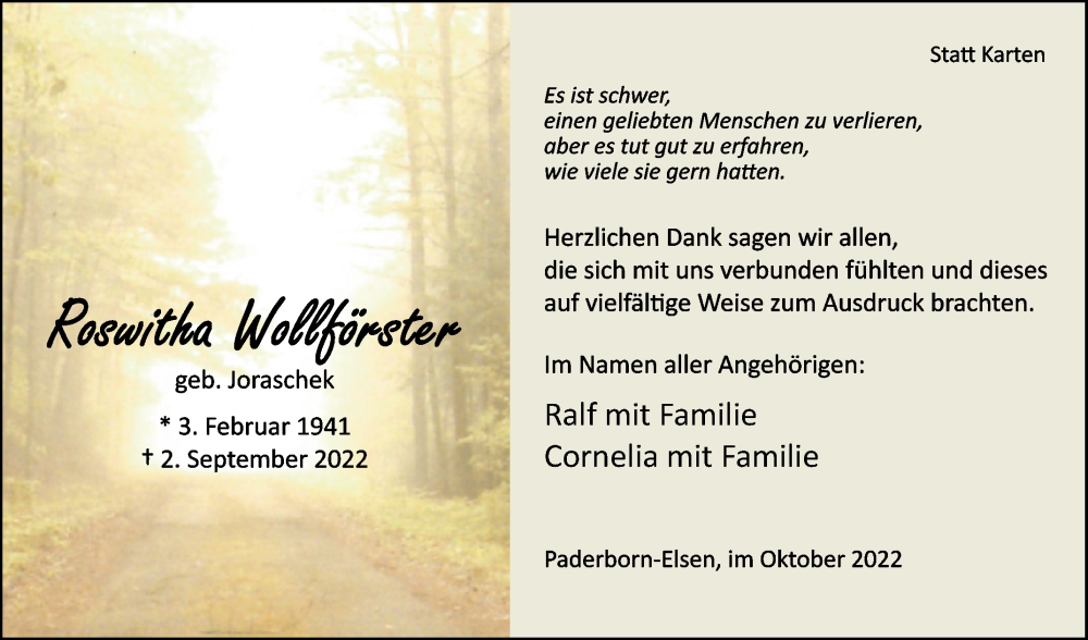  Traueranzeige für Roswitha Wollförster vom 08.10.2022 aus Westfalen-Blatt
