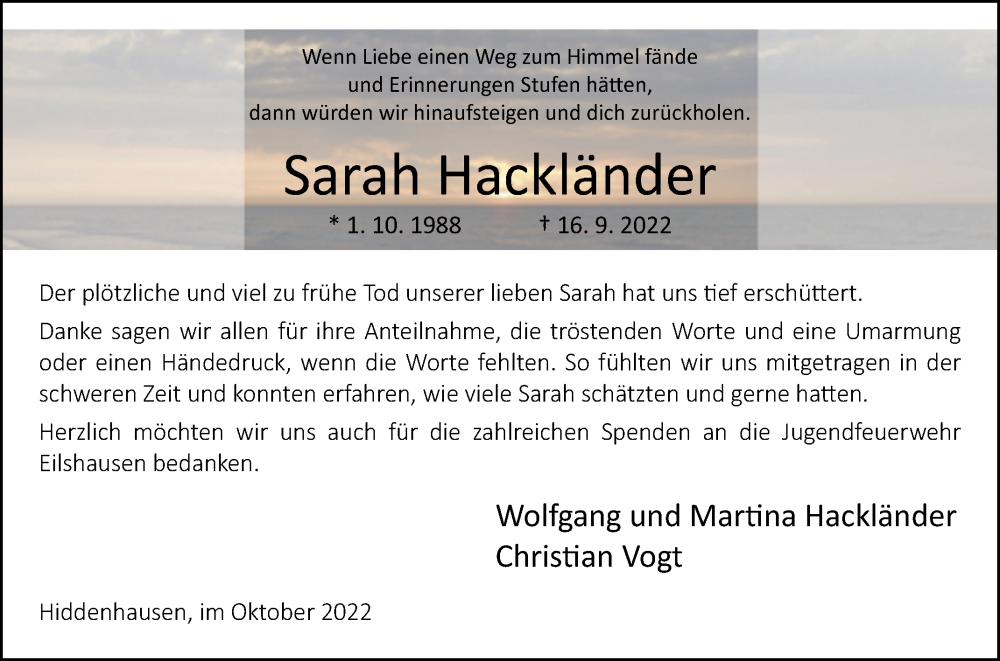  Traueranzeige für Sarah Hackländer vom 22.10.2022 aus Westfalen-Blatt