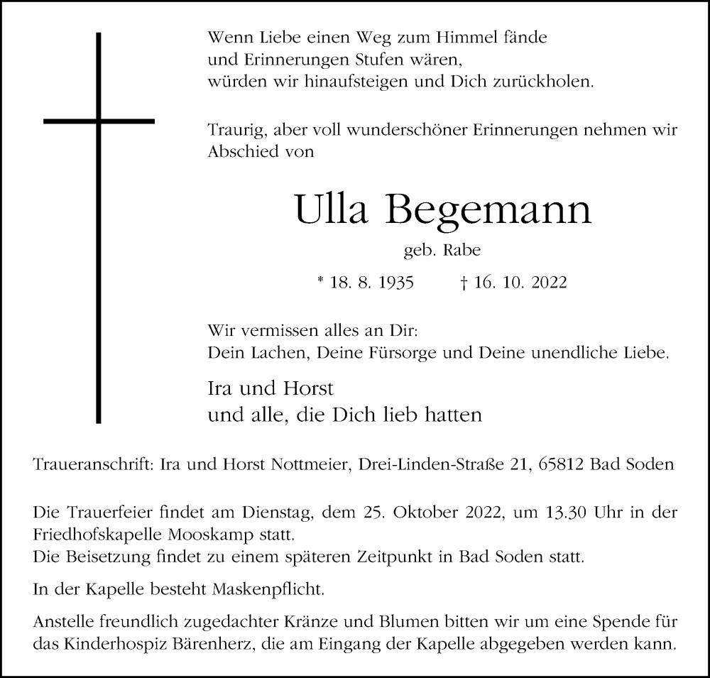  Traueranzeige für Ulla Begemann vom 22.10.2022 aus Westfalen-Blatt