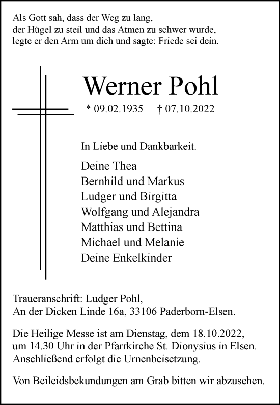 Traueranzeige von Werner Pohl von Westfalen-Blatt