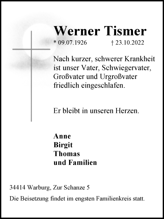 Traueranzeige von Werner Tismer von Westfalen-Blatt