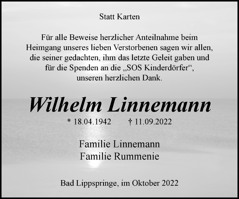  Traueranzeige für Wilhelm Linnemann vom 29.10.2022 aus Westfalen-Blatt