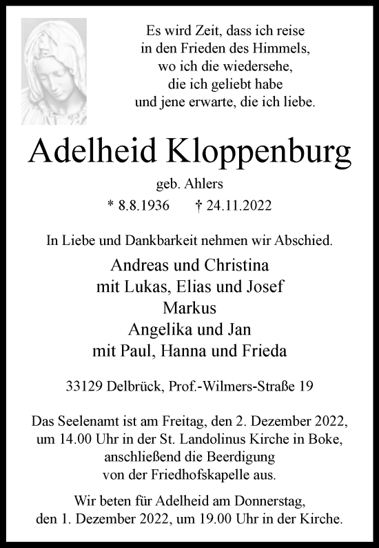 Traueranzeige von Adelheid Kloppenburg von Westfalen-Blatt
