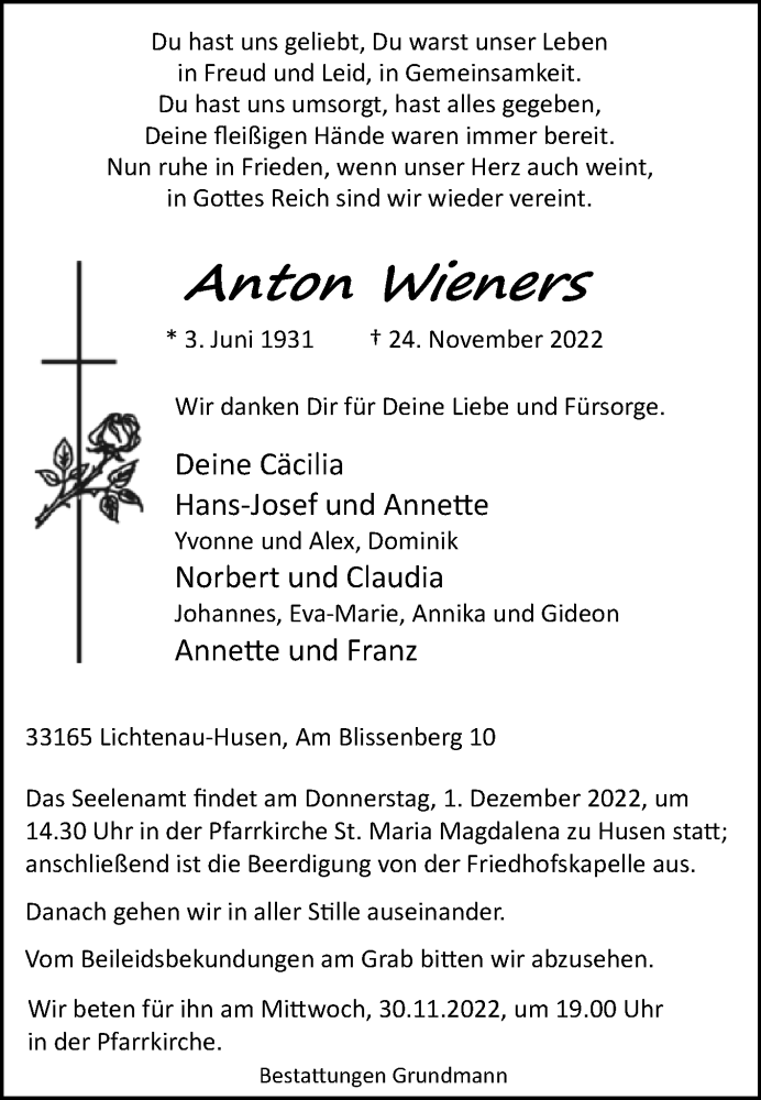  Traueranzeige für Anton Wieners vom 26.11.2022 aus Westfalen-Blatt