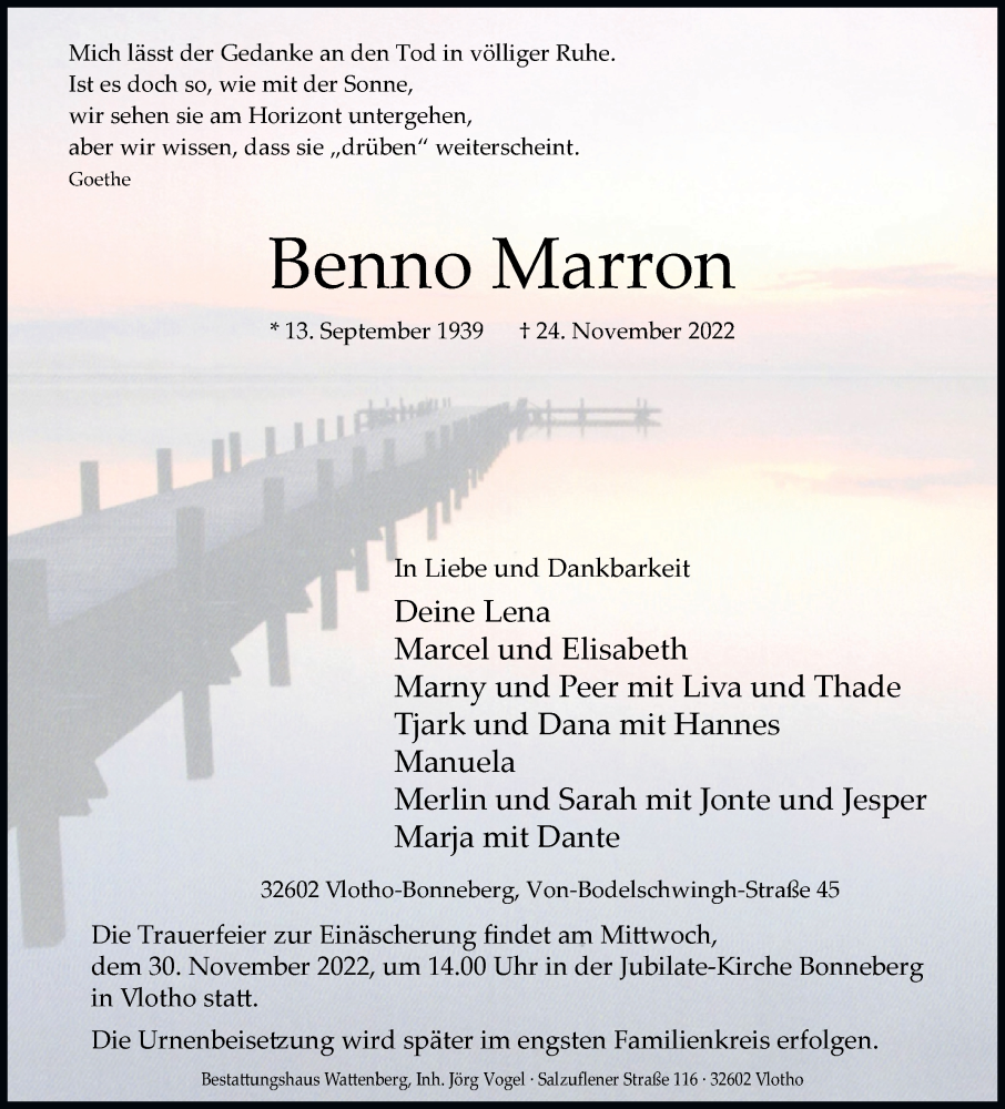  Traueranzeige für Benno Marron vom 26.11.2022 aus Westfalen-Blatt