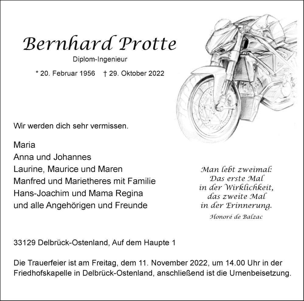  Traueranzeige für Bernhard Protte vom 05.11.2022 aus Westfalen-Blatt