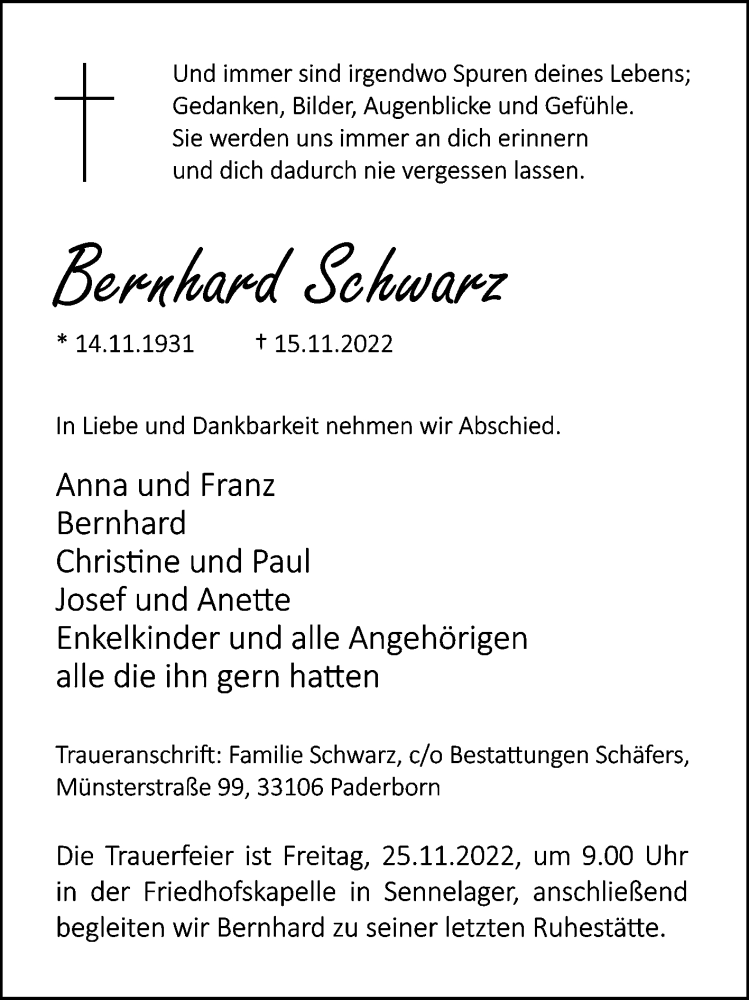  Traueranzeige für Bernhard Schwarz vom 19.11.2022 aus Westfalen-Blatt