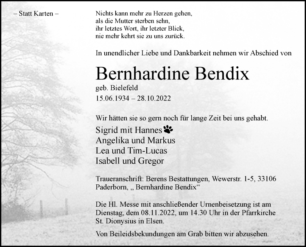  Traueranzeige für Bernhardine Bendix vom 05.11.2022 aus Westfalen-Blatt