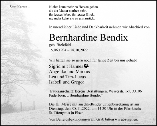 Traueranzeige von Bernhardine Bendix von Westfalen-Blatt