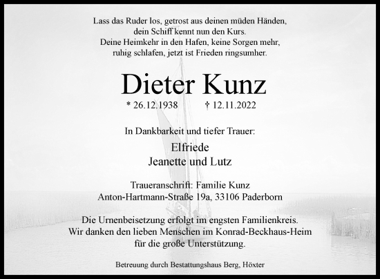 Traueranzeige von Dieter Kunz von Westfalen-Blatt