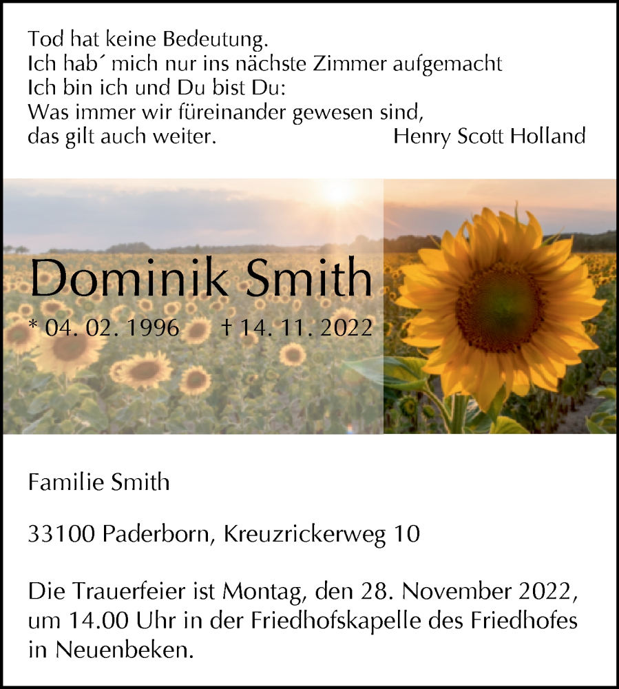  Traueranzeige für Dominik Smith vom 23.11.2022 aus Westfalen-Blatt