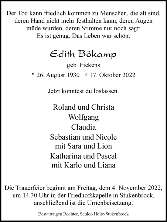 Traueranzeige von Edith Bökamp von Westfalen-Blatt