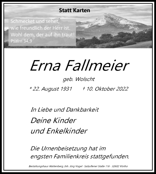 Traueranzeige von Erna Fallmeier von Westfalen-Blatt