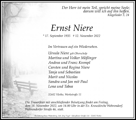 Traueranzeige von Ernst Niere von Westfalen-Blatt
