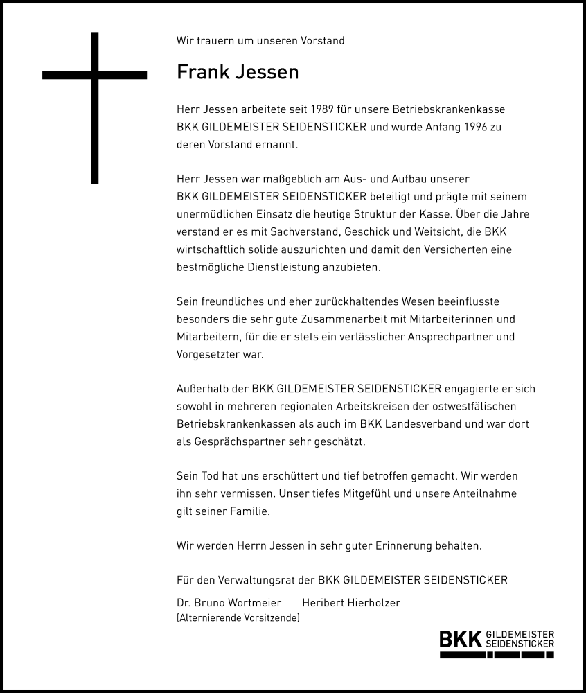  Traueranzeige für Frank Jessen vom 19.11.2022 aus Westfalen-Blatt