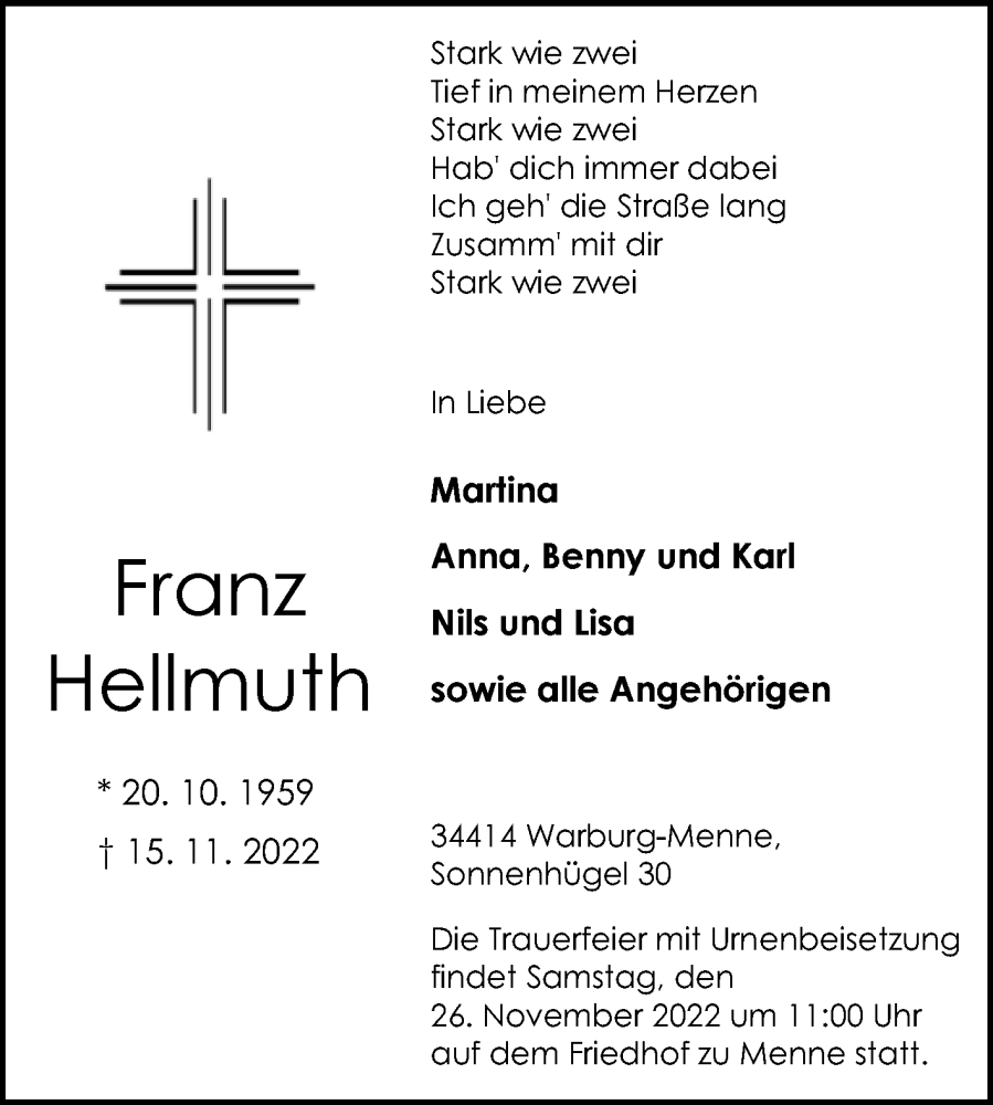  Traueranzeige für Franz Hellmuth vom 19.11.2022 aus Westfalen-Blatt