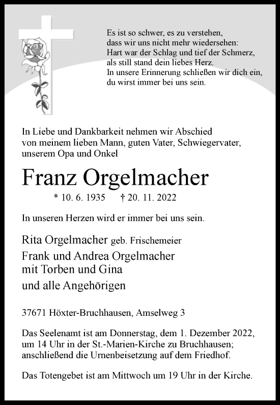 Traueranzeige von Franz Orgelmacher von Westfalen-Blatt