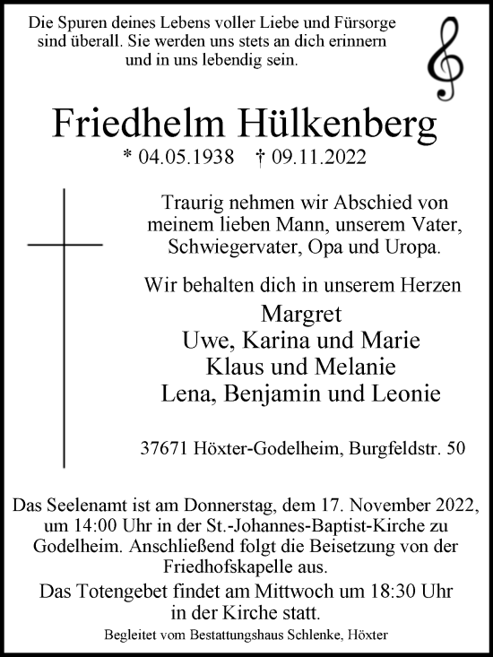 Traueranzeige von Friedhelm Hülkenberg von Westfalen-Blatt