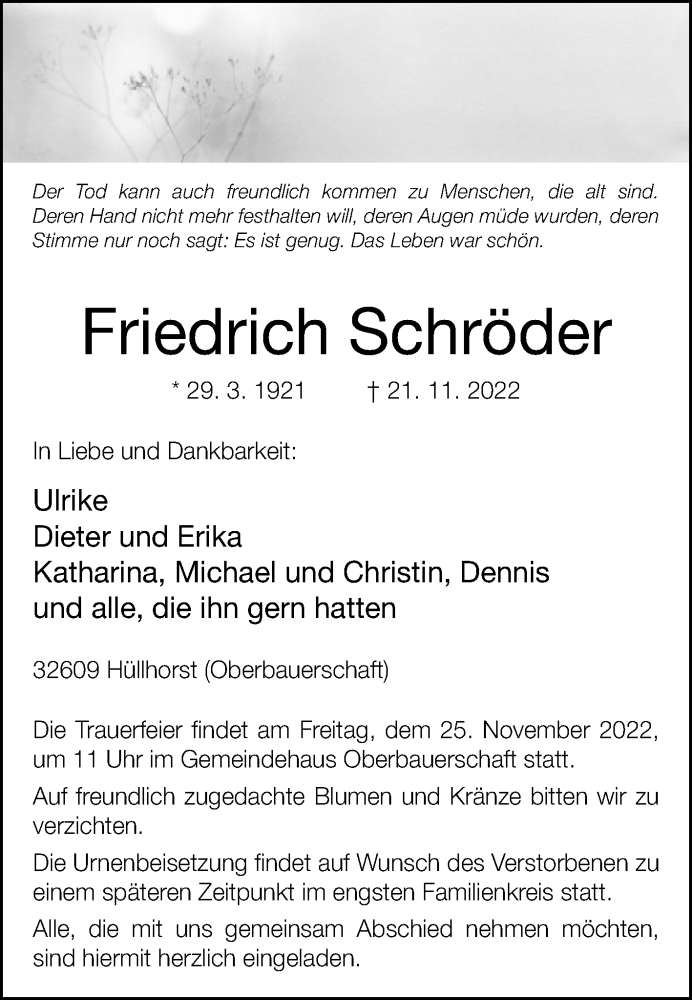  Traueranzeige für Friedrich Schröder vom 23.11.2022 aus Westfalen-Blatt