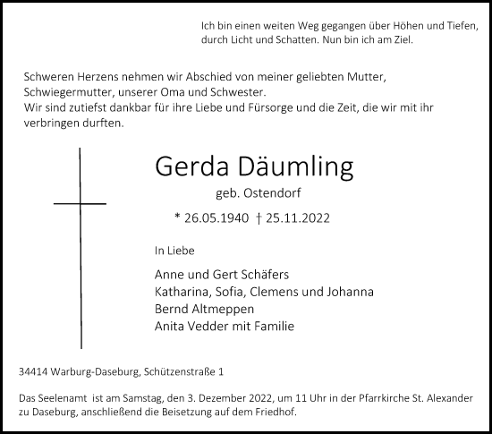 Traueranzeige von Gerda Däumling von Westfalen-Blatt