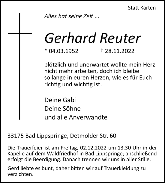 Traueranzeige von Gerhard Reuter von Westfalen-Blatt