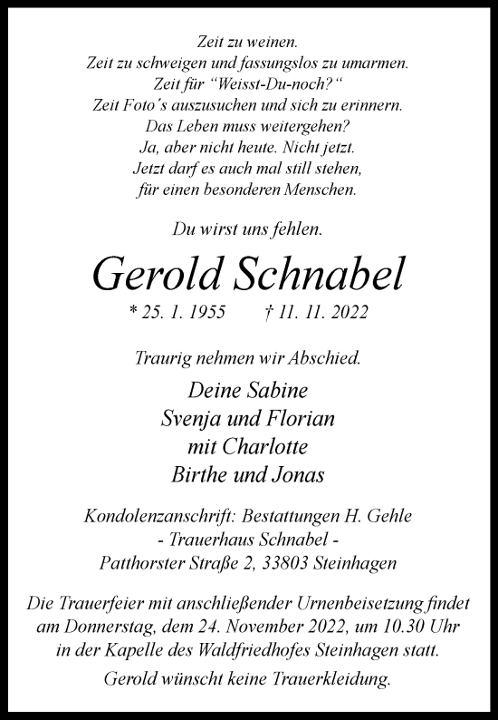 Traueranzeige von Gerold Schnabel von Westfalen-Blatt