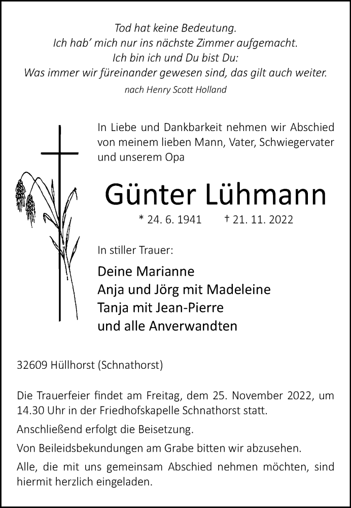  Traueranzeige für Günter Lühmann vom 23.11.2022 aus Westfalen-Blatt