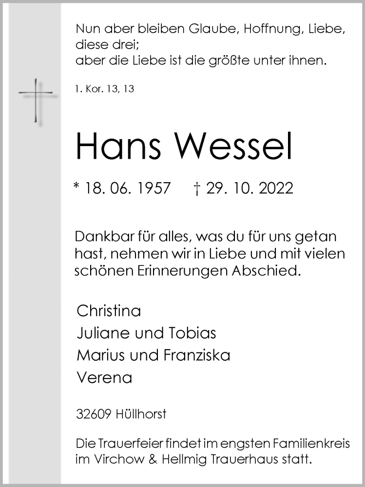  Traueranzeige für Hans Wessel vom 01.11.2022 aus Westfalen-Blatt